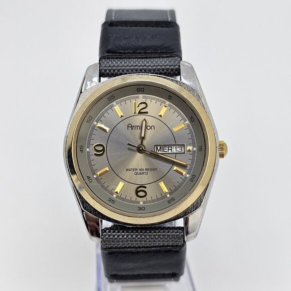 Armitron Men's Watch 38MM Gold Dial Day Date New Gray Canvas Bands New Battery - Picture 1 of 12
